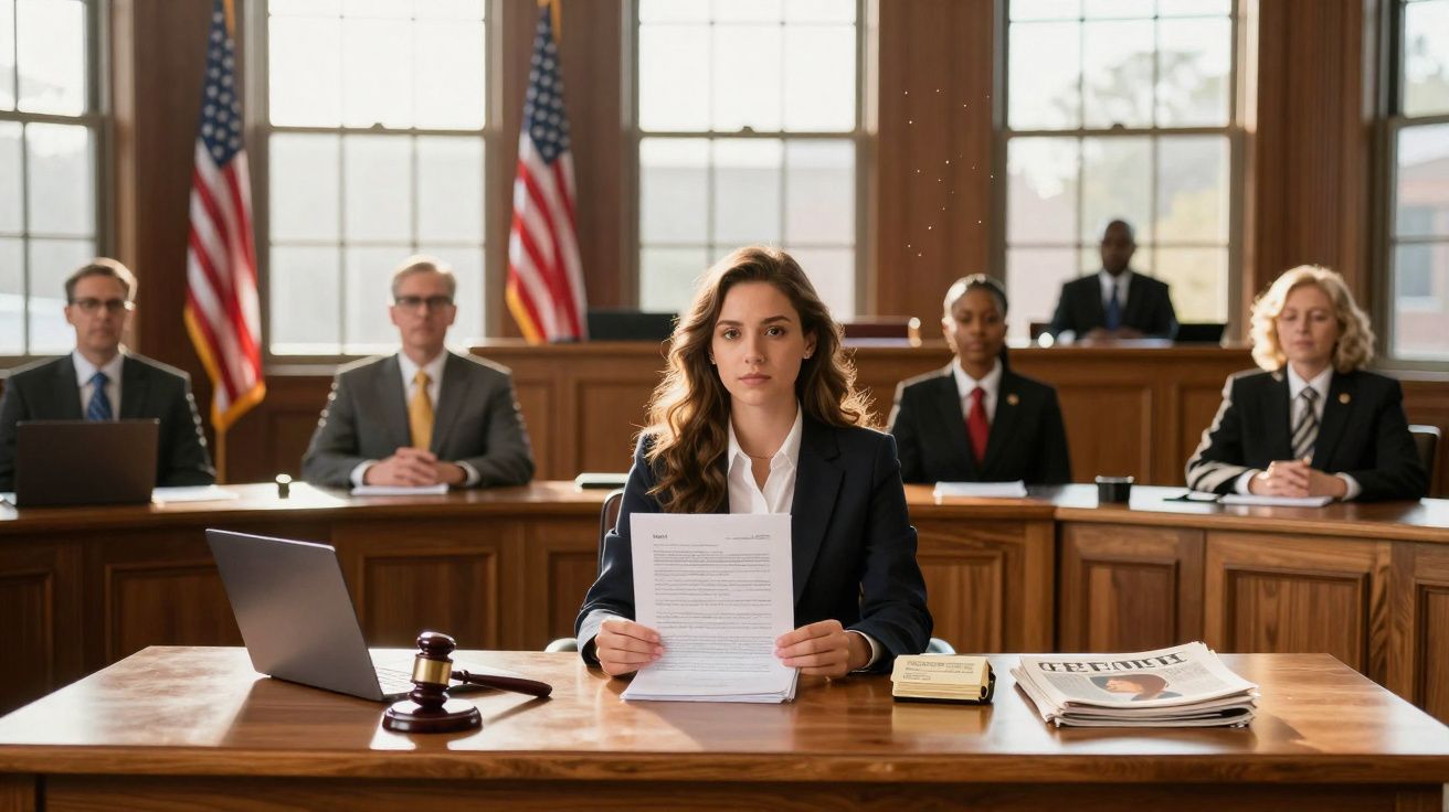 Advogada em tribunal com documentos, martelo judicial, computador e juízes ao fundo.