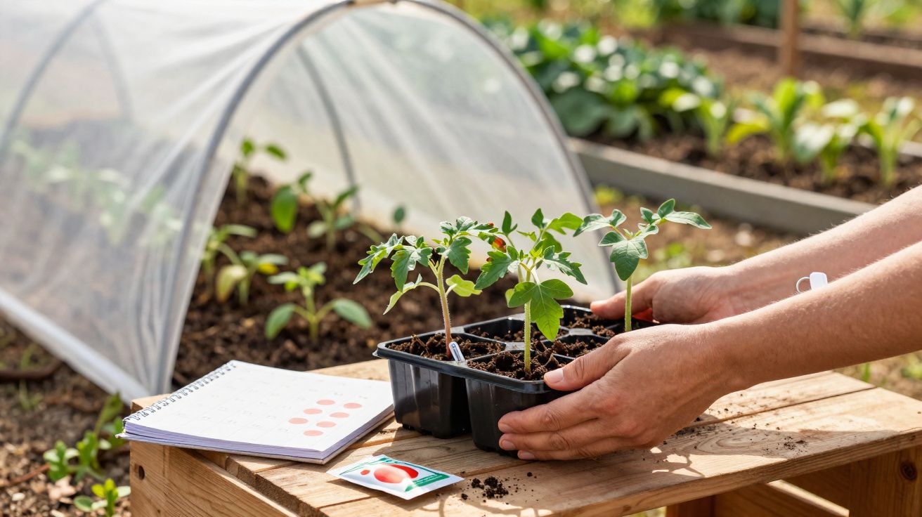 Mãos a transplantar mudas de tomate na estufa com bloco de notas e saco de sementes sobre mesa de madeira.