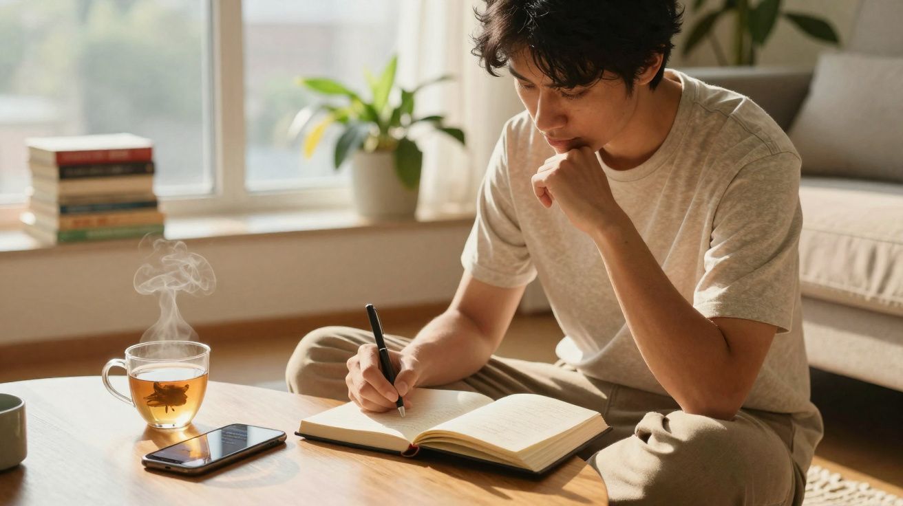 Jovem sentado no chão a escrever num caderno, com chá quente e telemóvel numa mesa junto a ele.