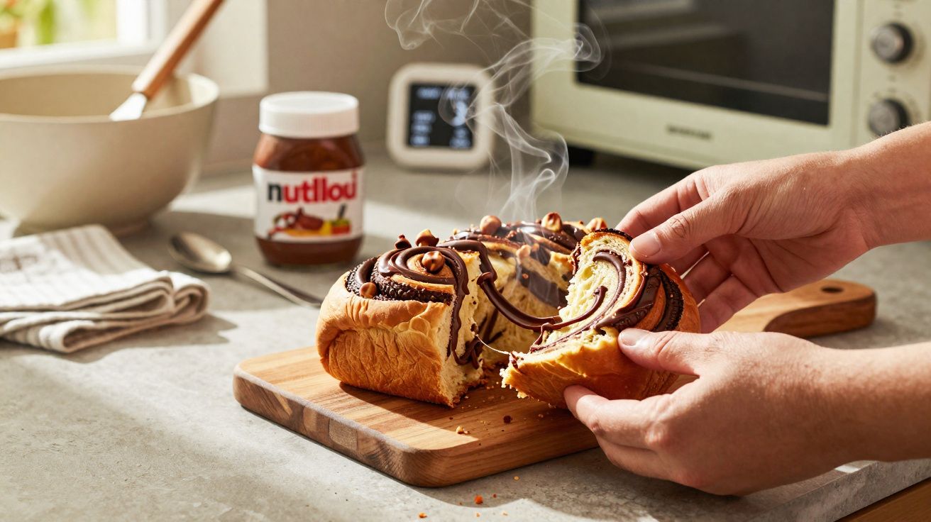 Pessoa a partir um pão levemente quente com chocolate barrado num tabuleiro de madeira na cozinha.