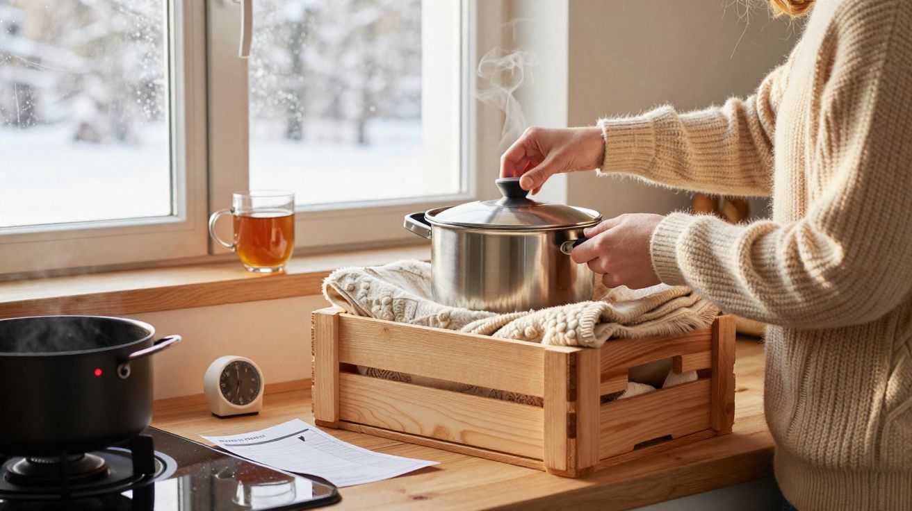 Pessoa a levantar tampa de panela de inox numa cozinha com janela e chá numa chávena.