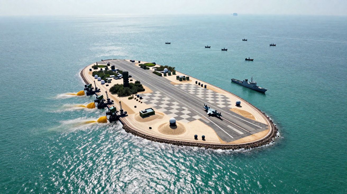 Ilha artificial com pista de aterragem e várias instalações militares no mar rodeada por barcos.
