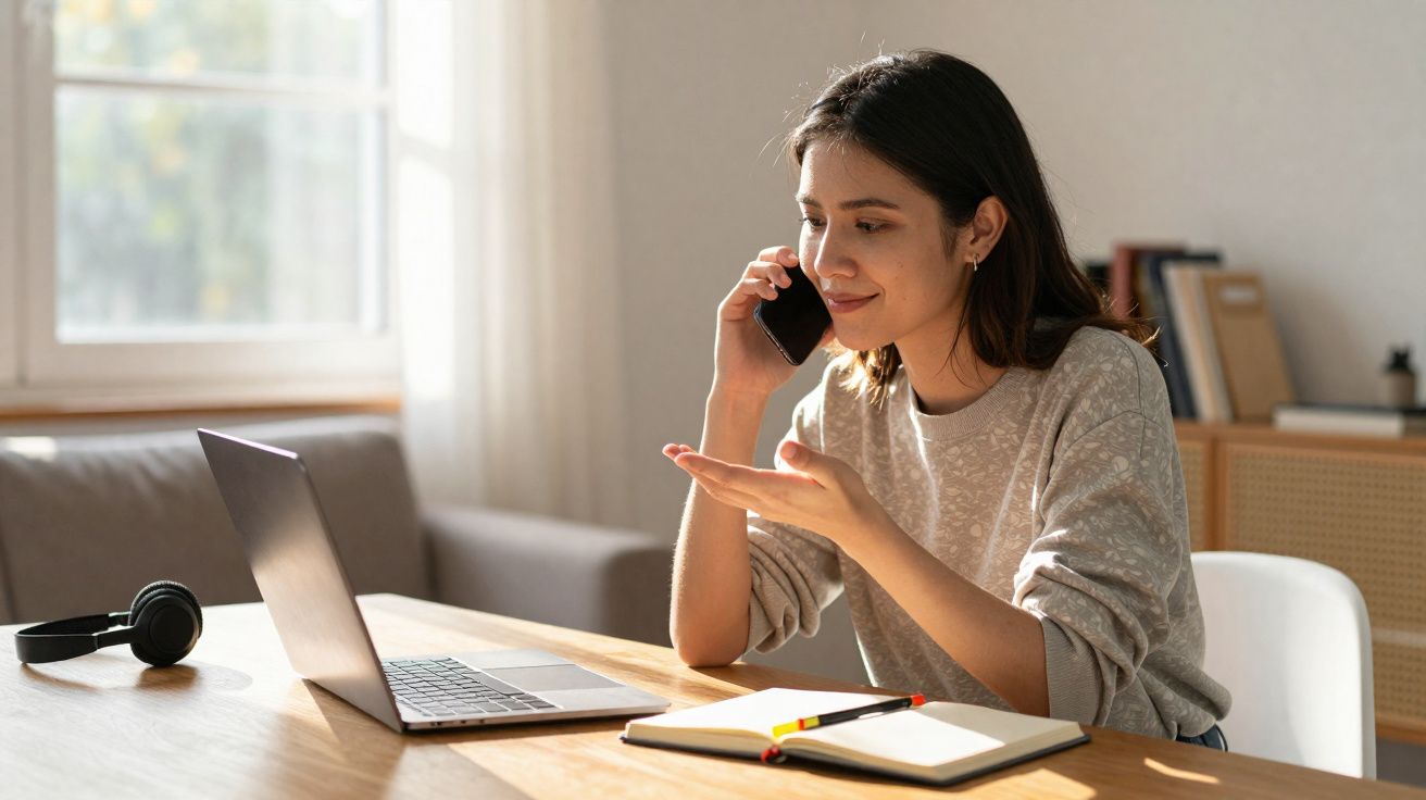 Mulher jovem a falar ao telefone enquanto trabalha num computador portátil numa mesa com um caderno aberto.