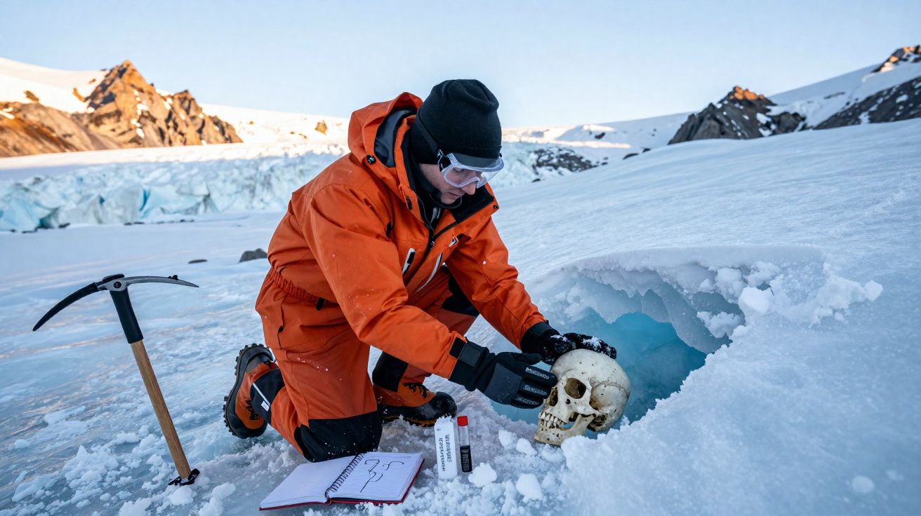 Investigador em fato laranja recolhe um crânio humano num glaciar coberto de neve e gelo.