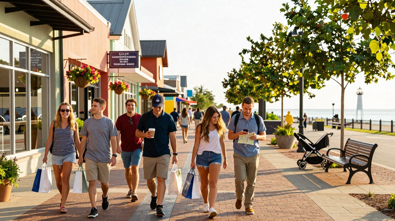 Grupo de amigos a passear e fazer compras numa rua pedonal junto ao mar num dia soalheiro.