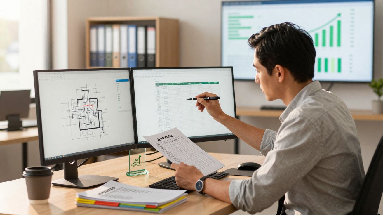 Homem a analisar dados em dois ecrãs no escritório com gráficos e documentos na secretária.