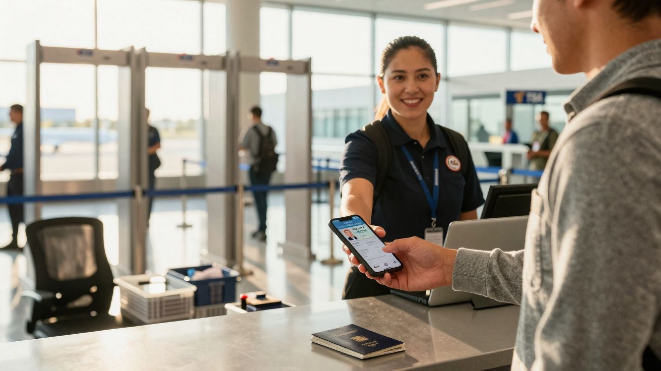 Funcionária do aeroporto a verificar bilhete digital no telemóvel de passageiro junto ao balcão de atendimento.