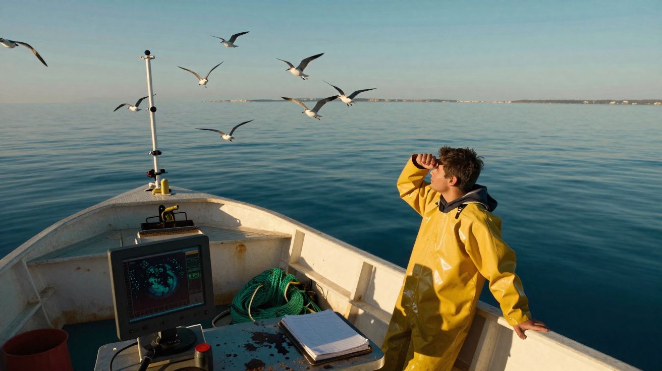 Jovem pescador de amarelo observa o horizonte numa embarcação rodeada por gaivotas em mar calmo.