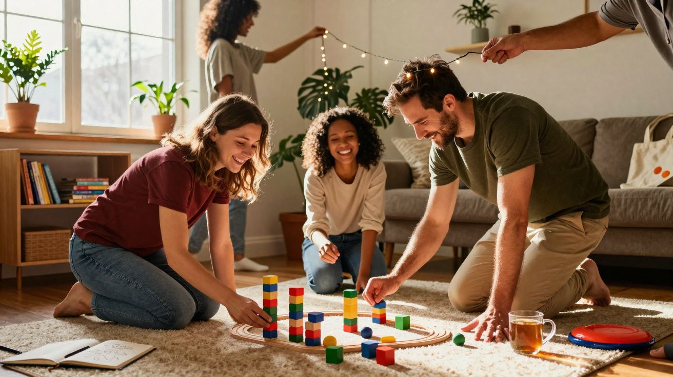 Quatro amigos a brincar com blocos coloridos no chão de uma sala iluminada e acolhedora.