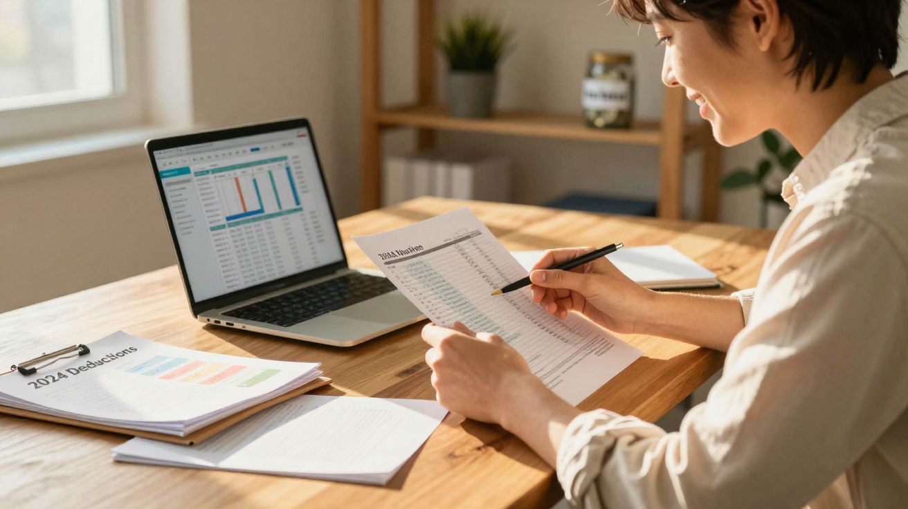 Pessoa a analisar documentos financeiros com computador portátil e papéis numa mesa de madeira.