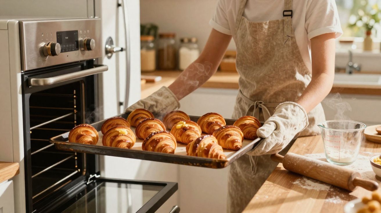 Pessoa a retirar tabuleiro com croissants dourados do forno numa cozinha moderna.