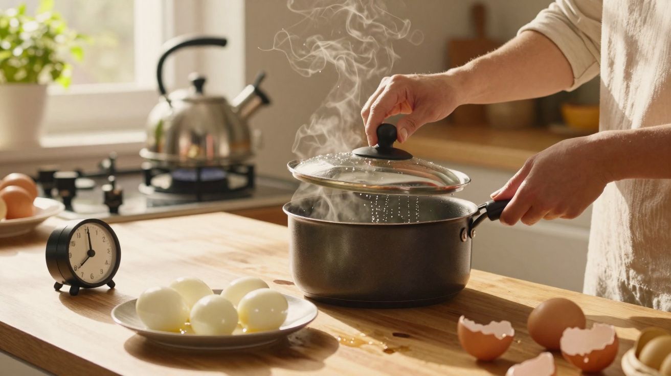 Pessoa a levantar tampa de panela a ferver, com ovos cozidos e cascas numa bancada de cozinha iluminada.