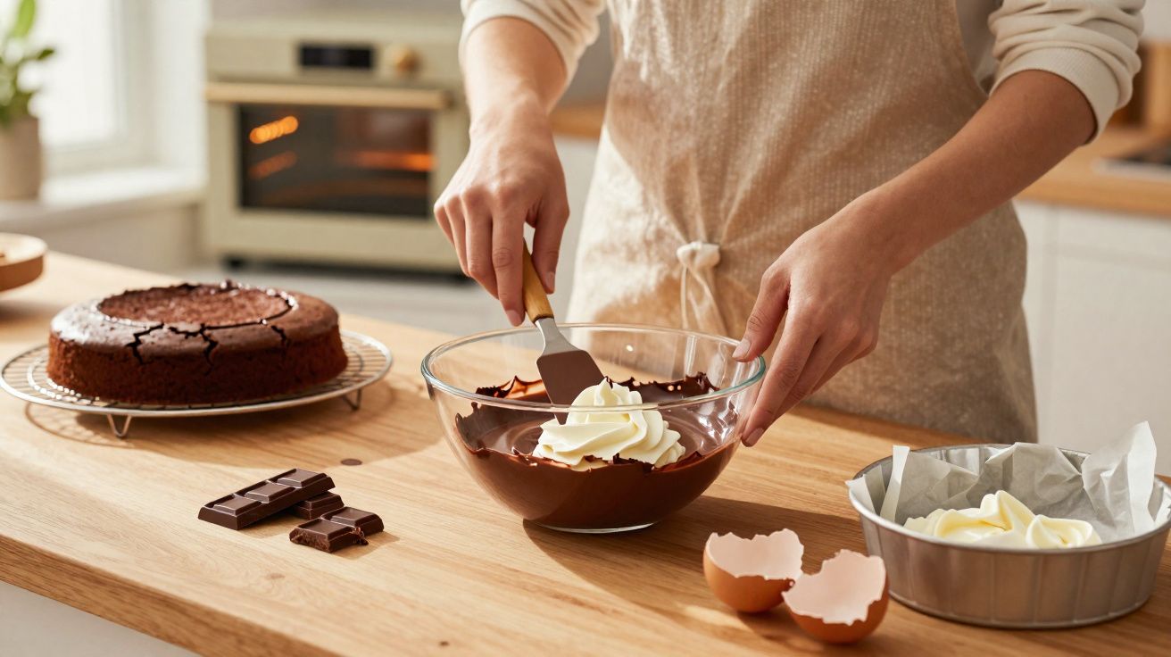 Pessoa a preparar creme de chocolate numa taça, com bolo e ovos partidos numa cozinha.