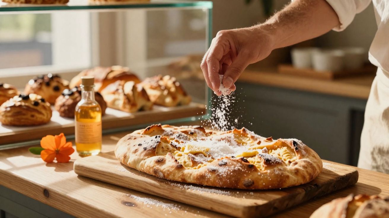 Mão polvilha açúcar em doce tradicional numa cozinha iluminada com outras pastelarias ao fundo.