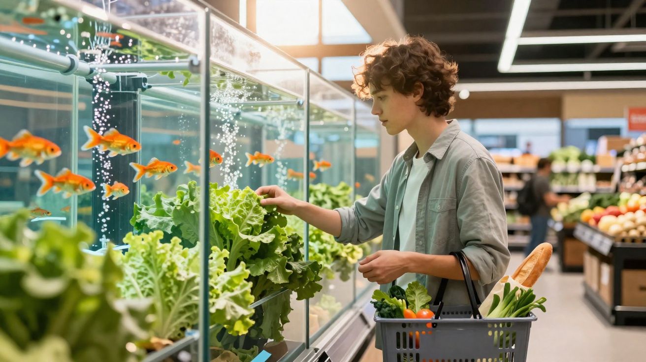 Jovem com cesta de compras escolhe alface ao lado de aquário com peixes laranja numa mercearia.