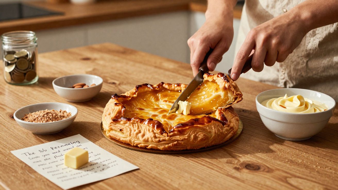 Pessoa a cortar uma fatia de torta dourada numa mesa de madeira com ingredientes ao lado.