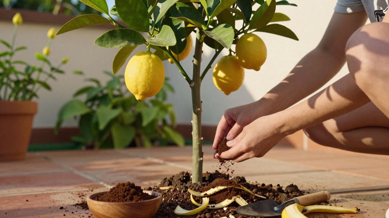 Pessoa a cuidar do solo à volta de um limoeiro com limões maduros num terraço ensolarado.