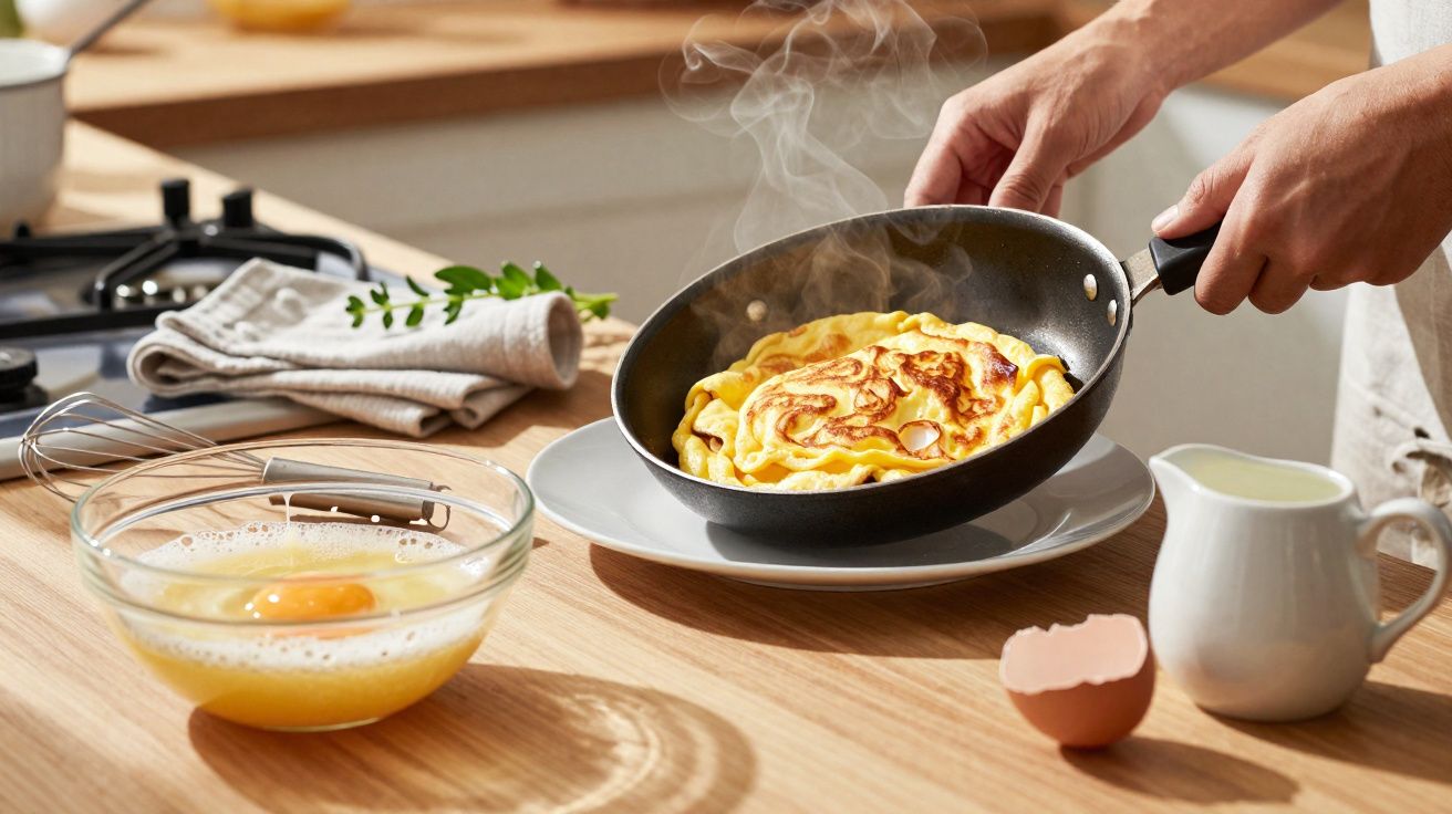 Pessoa a retirar uma panqueca quente de uma frigideira para um prato numa cozinha iluminada.