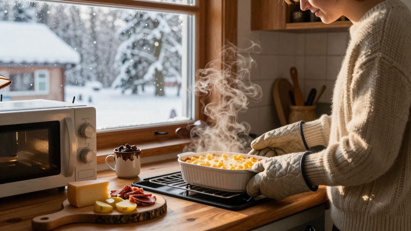 Pessoa a retirar do forno um prato quente de massa com luvas de cozinha, com janela para paisagem nevada.