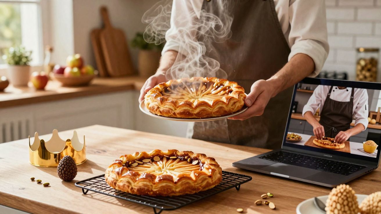Pessoa a segurar uma tarte quente com vapor, outra tarte sobre grelha, coroa dourada e computador na cozinha.