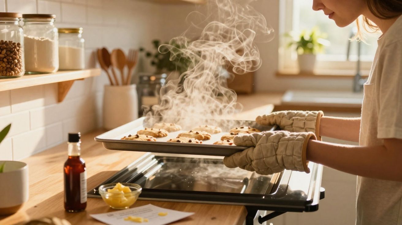 Pessoa a retirar do forno tabuleiro com bolachas acabadas de assar e a libertar vapor na cozinha.