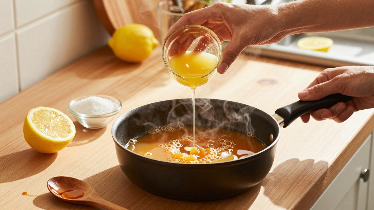 Pessoa a deitar sumo de limão numa frigideira com molho a cozinhar numa cozinha iluminada.