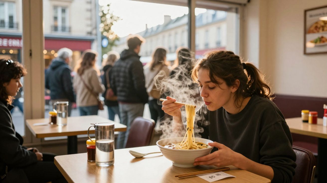 Mulher a saborear massa quente numa tigela num restaurante com pessoas e fila ao fundo.