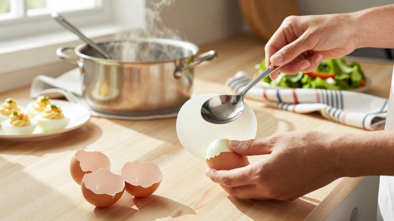Pessoa a retirar a casca de um ovo cozido com ajuda de colher, num ambiente de cozinha iluminado.