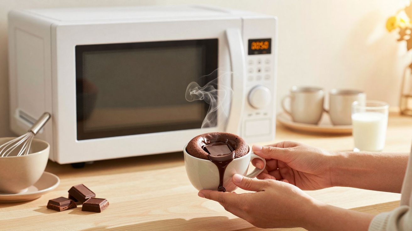 Mãos seguram chávena com bolo de chocolate quente saindo do micro-ondas numa cozinha iluminada.