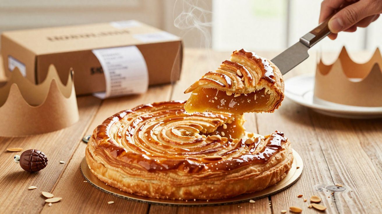 Mão a retirar fatia de tarte de massa folhada caramelizada sobre mesa de madeira.