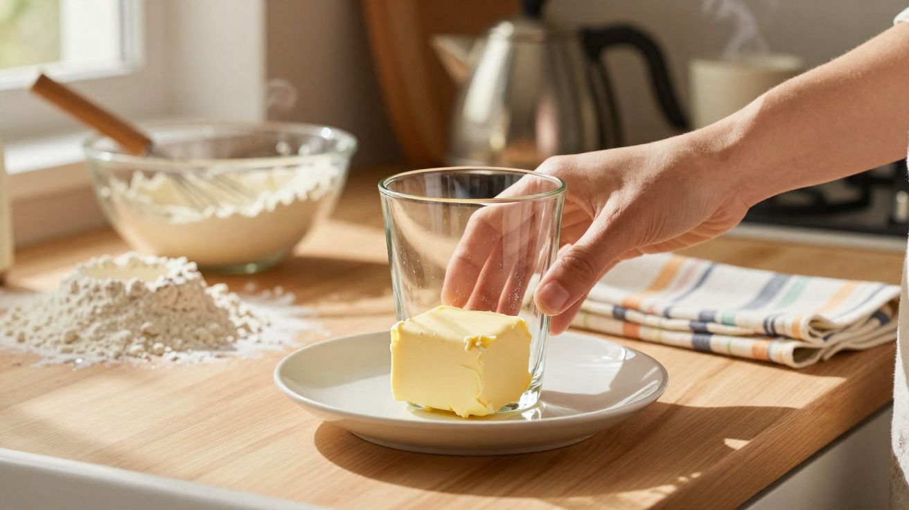 Mão a segurar copo com cubo de manteiga numa taça branca, ao lado de farinha num balcão de cozinha.
