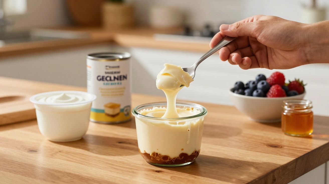 Mão a colher creme espesso de doce de leite num frasco de vidro com ingredientes ao fundo numa bancada de madeira.