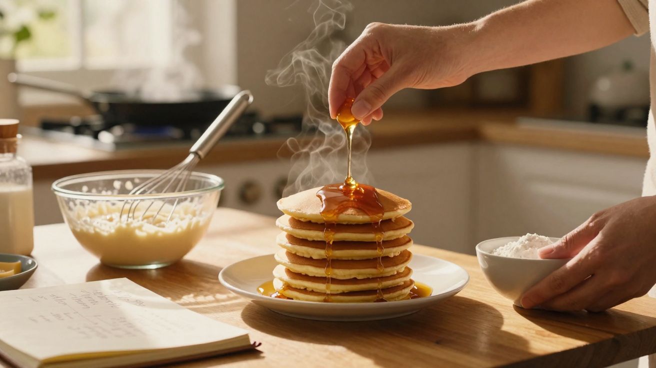 Mãos a verter mel em pilha de panquecas quentes num prato, com utensílios e ingredientes numa cozinha iluminada.
