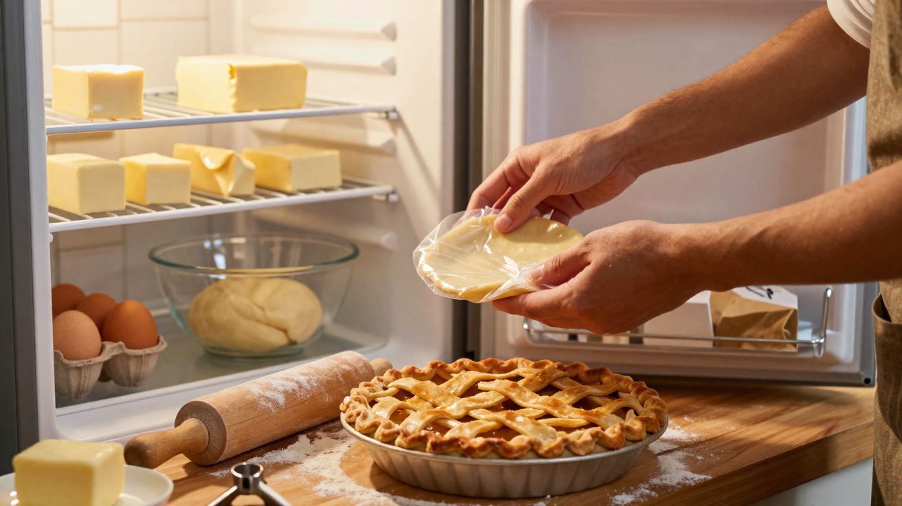 Mãos a colocar massa coberta com plástico num frigorífico com ovos, massa e manteiga, ao lado de tarte pronta.