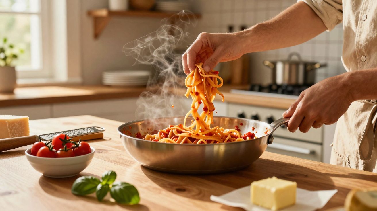 Mãos a cozinhar massa fumegante com molho de tomate numa frigideira numa cozinha iluminada.