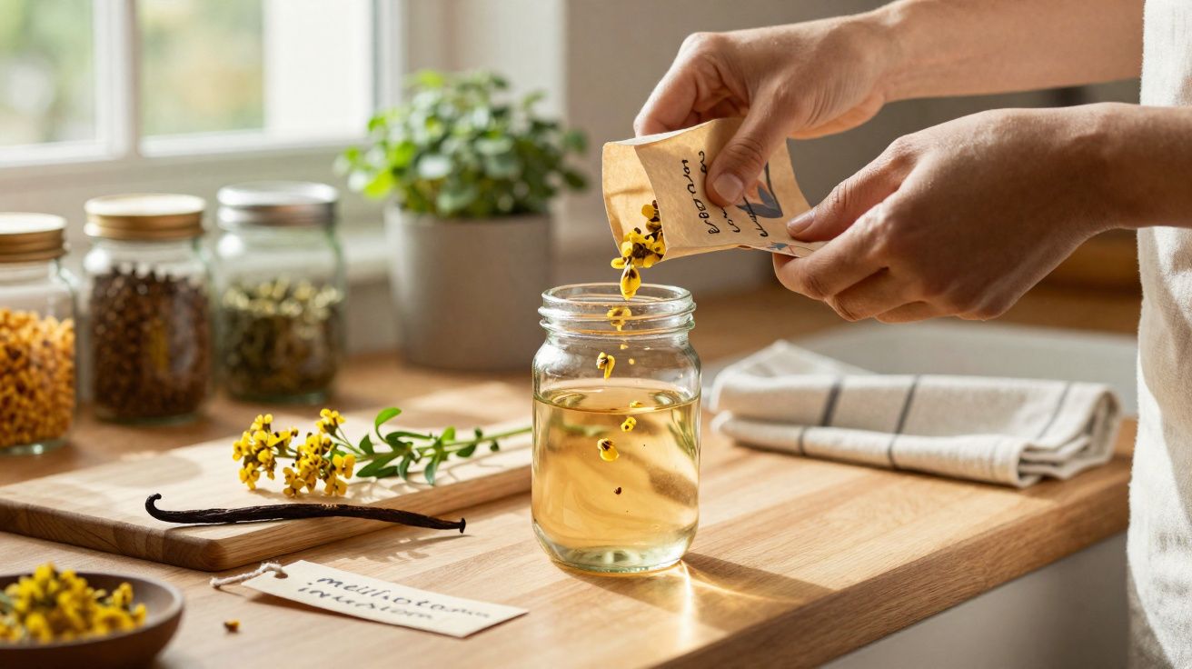 Pessoa a preparar infusão de flores amarelas numa jarra de vidro numa cozinha iluminada.