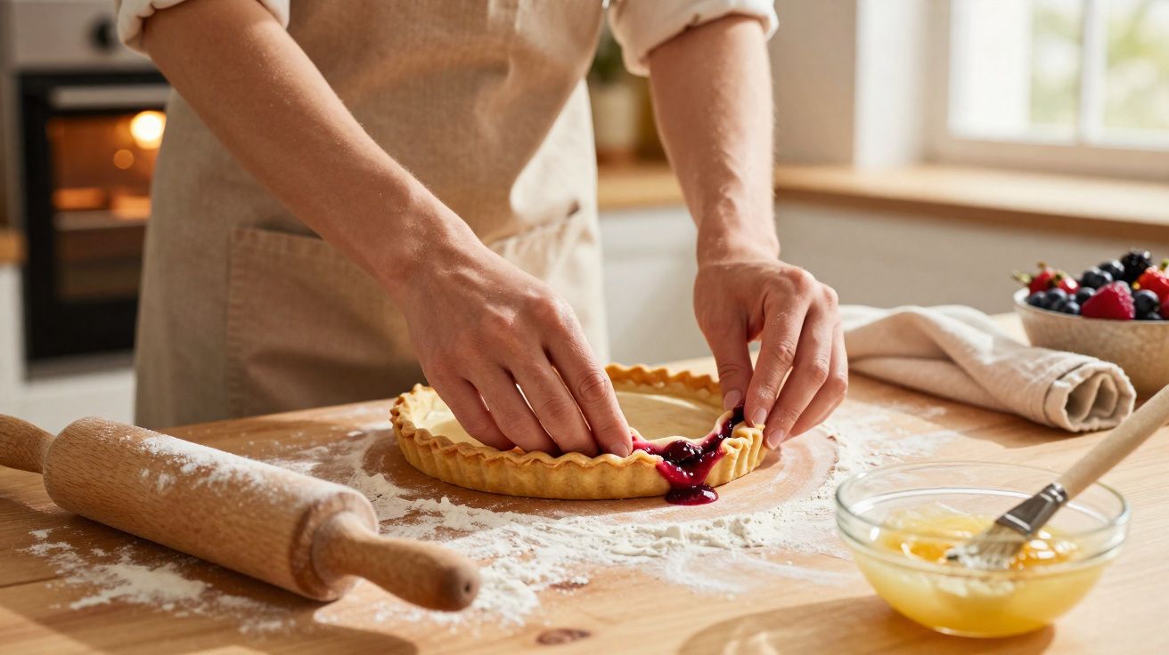 Pessoa a preparar uma tarte de frutos vermelhos numa cozinha com massa e ingredientes à volta.