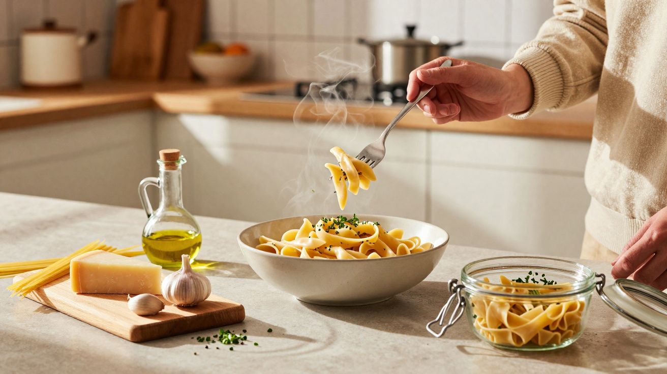 Pessoa a pegar massa quente com garfo numa tigela, com queijo, alho e azeite na bancada da cozinha.
