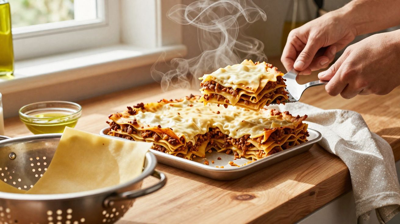 Lasanha fumegante em forno retangular, sendo servida com espátula por mãos sobre bancadas de madeira.
