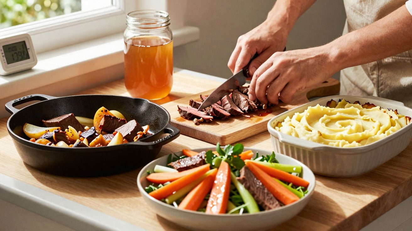 Pessoa a cortar carne numa tábua com vários pratos de vegetais, carne e puré numa mesa de cozinha.