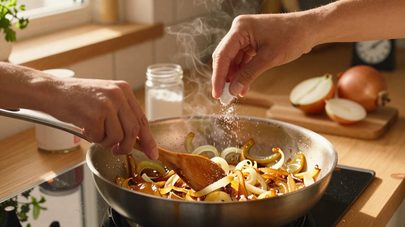 Mãos temperam e mexem cebolas a cozinhar numa frigideira num fogão numa cozinha iluminada.