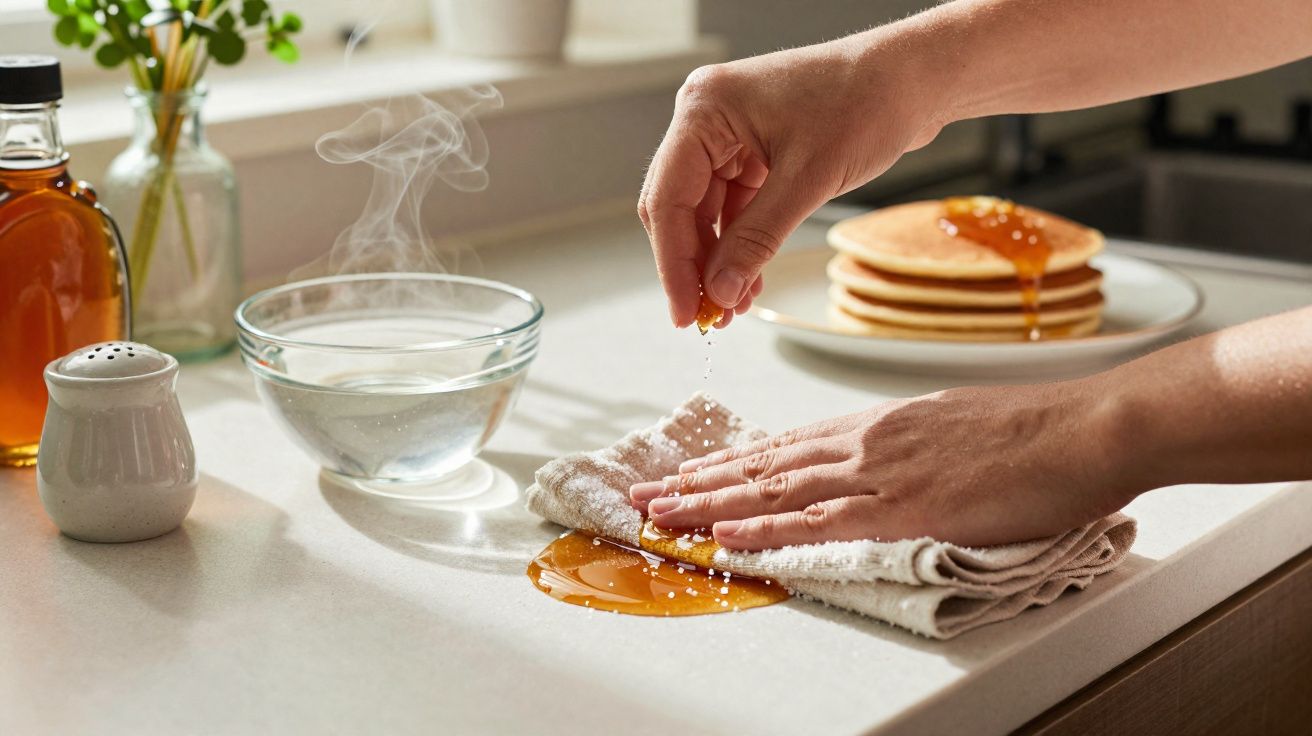 Mãos limpam açúcar e xarope derramado numa bancada de cozinha com panquecas ao fundo.