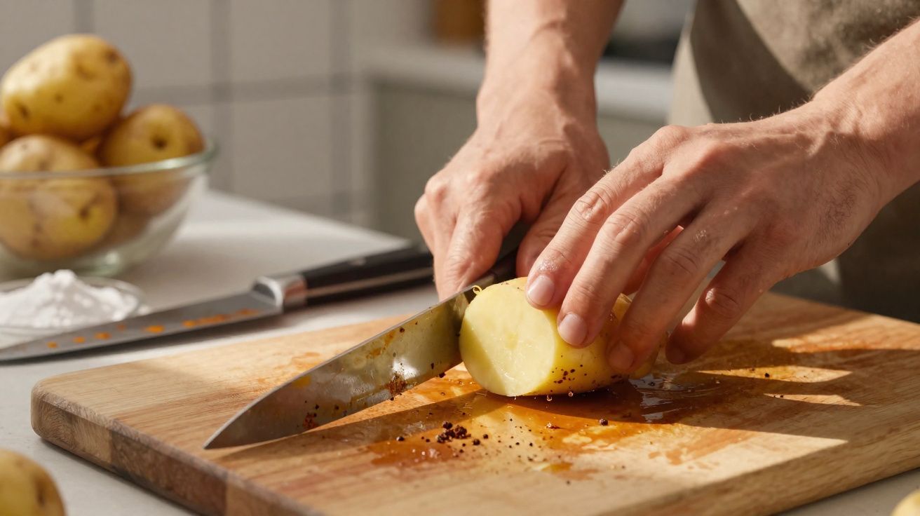 Mãos a cortar uma batata ao meio numa tábua de madeira na cozinha, com especiarias e facas ao fundo.