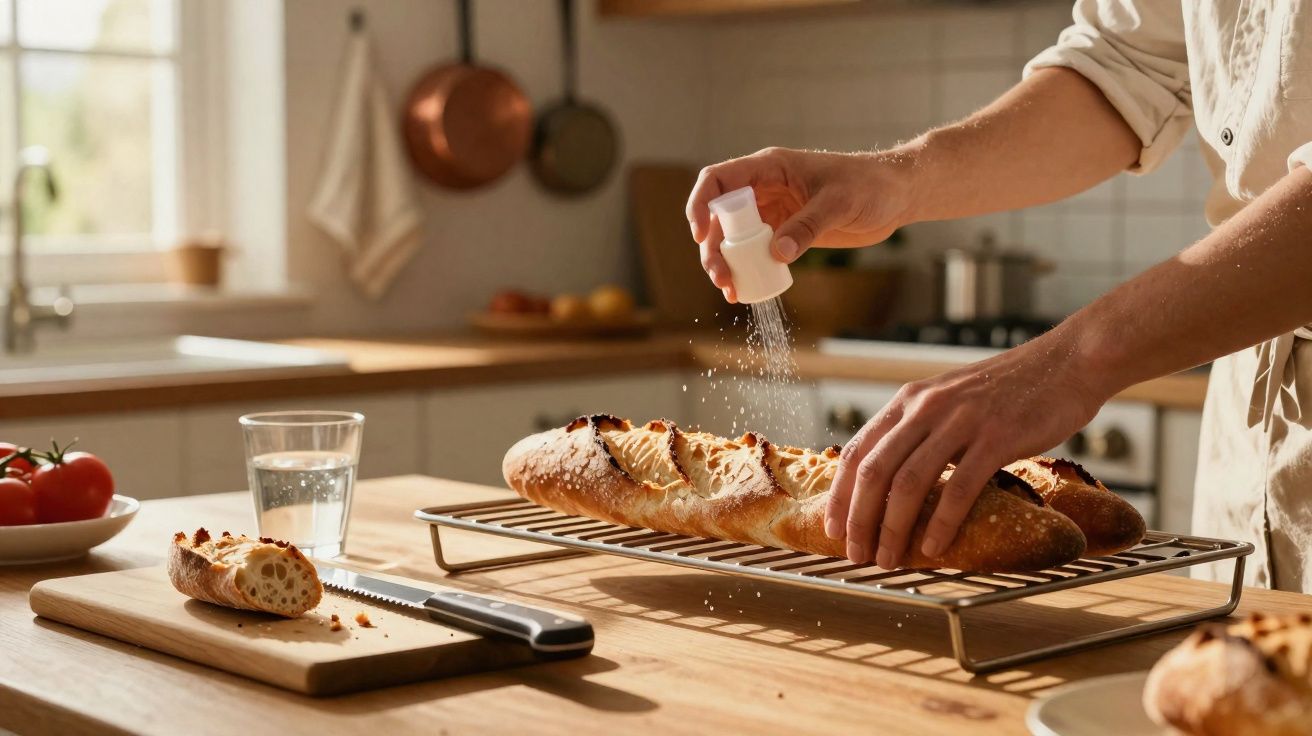 Pessoa a salpicar sal num pão baguete numa cozinha iluminada, com faca e tomate ao lado.