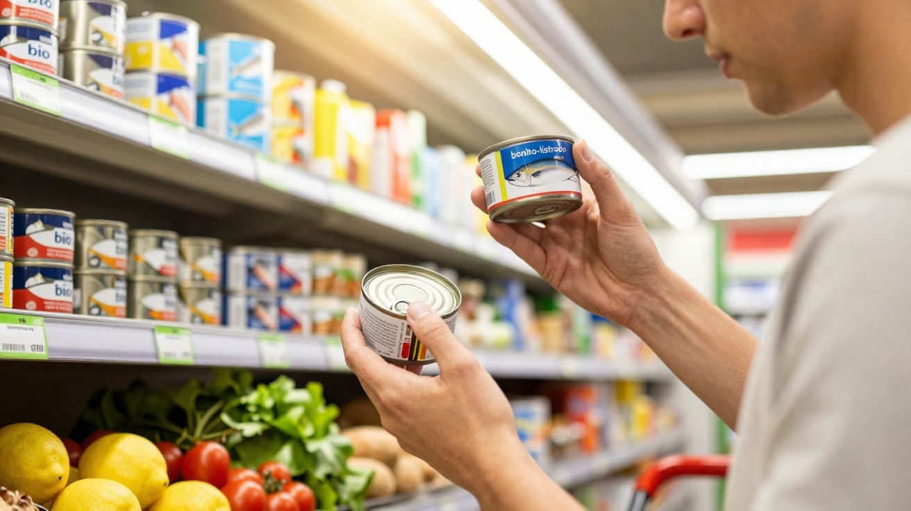 Pessoa a comparar latas de atum na prateleira de supermercado com frutas frescas em destaque abaixo.