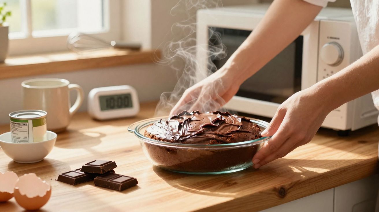 Pessoa a retirar bolo de chocolate quente de forno numa cozinha iluminada por luz natural.