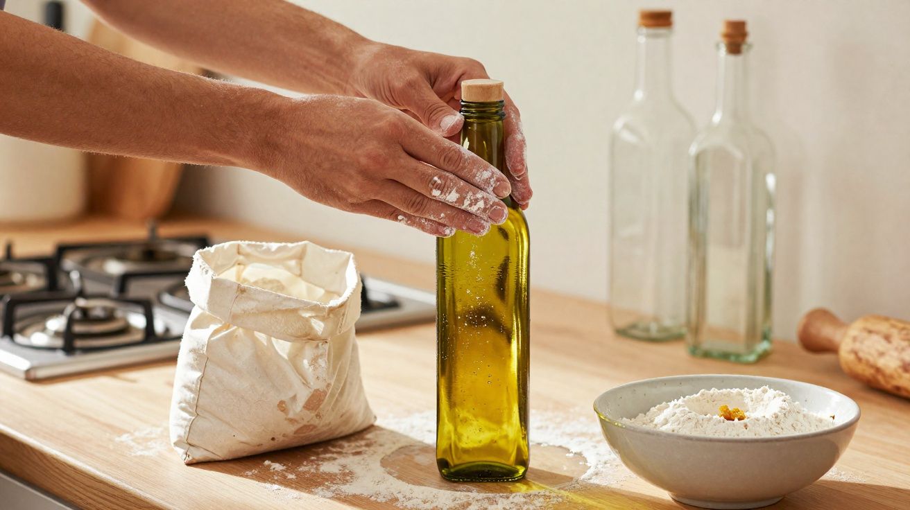 Mãos com farinha a fechar garrafa de azeite numa cozinha com farinha espalhada sobre a bancada.