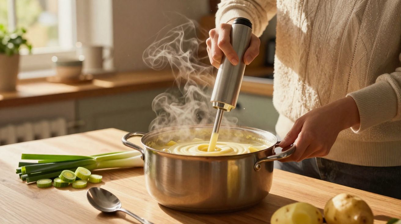 Pessoa a triturar sopa quente numa panela na cozinha, com cebolinhas e batatas na bancada.