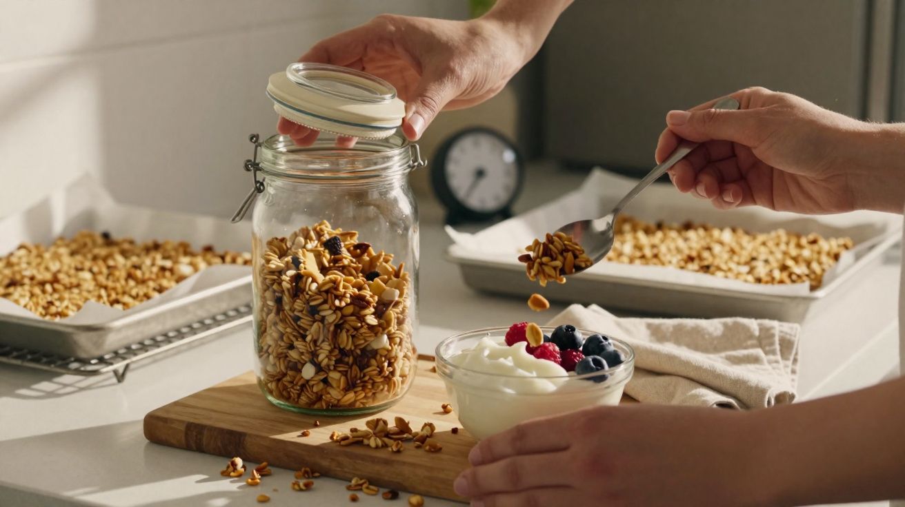 Mãos a colocar granola de aveia num frasco de vidro e a servir numa taça de iogurte com frutos vermelhos.