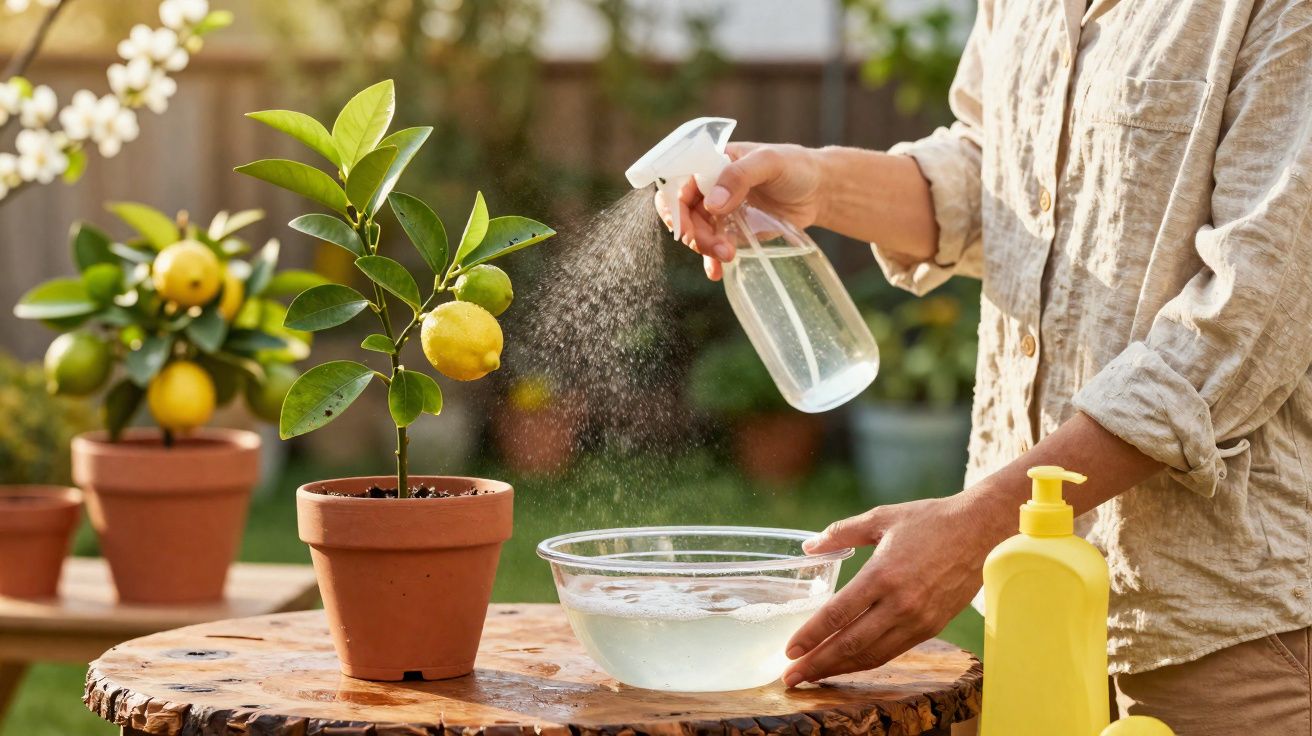Pessoa borrifando água em planta de limão em vaso num ambiente exterior com luz natural.